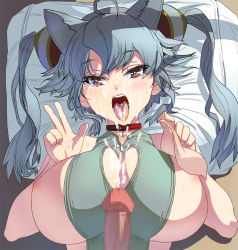 Rule 34 | 1girl, ahoge, animal ears, blush, breasts, bursting breasts, cat ears, censored, choker, cleavage, cleavage cutout, clothing cutout, condom, cum, cum on body, cum on breasts, cum on upper body, ejaculation, facial, grey hair, hairpods, heart, heart choker, highres, huge breasts, kouno (masao), long hair, mosaic censoring, nipples, open mouth, original, penis, pov, red eyes, sleeveless, solo focus, tears, tongue, tongue out, twintails, undersized clothes, used condom, v