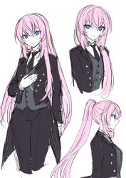 Rule 34 | 1girl, black neckwear, black pants, black suit, blue eyes, commentary, formal, from side, grey vest, hand on own chest, highres, kkr rkgk, long hair, looking at viewer, megurine luka, multiple views, necktie, pants, pink hair, ponytail, sketch, smile, suit, upper body, very long hair, vest, vocaloid, white background