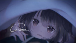 Rule 34 | 1girl, artist name, bare shoulders, blanket, blurry, brown eyes, brown hair, close-up, depth of field, derivative work, head tilt, kono subarashii sekai ni shukufuku wo!, light particles, looking at viewer, megumin, off shoulder, out of frame, parted lips, renren (pixiv22963369), shared blanket, signature, smile, solo focus, under covers