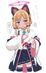 Rule 34 | 1girl, animal ear headphones, animal ears, black skirt, black thighhighs, blonde hair, blue archive, blush, bow, fake animal ears, flat chest, hair bow, halo, headphones, highres, jacket, light censor, long sleeves, looking at viewer, momoi (blue archive), naltal, open mouth, pink halo, pleated skirt, red bow, red eyes, short hair, simple background, skirt, solo, speech bubble, thighhighs, translation request, white background, white jacket