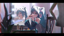 Rule 34 | 1girl, absurdres, aqua eyes, aqua hair, blurry, commentary, cosmetics, depth of field, detached sleeves, different reflection, english commentary, grey shirt, hand on own cheek, hand on own face, hatsune miku, highres, holding, holding lipstick tube, indoors, letterboxed, lipstick tube, long hair, looking at viewer, looking back, multiple views, number tattoo, reflection, shirt, sitting, sleeveless, sleeveless shirt, smile, tattoo, twintails, vocaloid, yos (72112764)