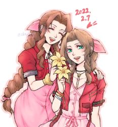 Rule 34 | 2girls, aerith gainsborough, arm around shoulder, bangle, bracelet, braid, braided ponytail, brown hair, buttons, choker, closed eyes, cowboy shot, cropped jacket, dated, dress, dual persona, final fantasy, final fantasy vii, final fantasy vii remake, flower, flower choker, green eyes, hair ribbon, holding, holding flower, jacket, jewelry, long dress, long hair, looking at viewer, multiple girls, open mouth, parted bangs, pink dress, pink ribbon, red jacket, ribbon, short sleeves, sidelocks, smile, square enix, twitter username, wavy hair, white background, yellow flower, you (blacknwhite)