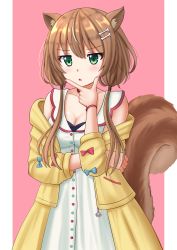 Rule 34 | 1girl, :o, animal ears, ayunda risu, blush, bone hair ornament, breasts, brown hair, cartoon bone, choker, cleavage, cosplay, cowboy shot, dress, green eyes, hair between eyes, hair ornament, hairclip, highres, hololive, hololive indonesia, inugami korone, inugami korone (1st costume), inugami korone (cosplay), kazenokaze, long hair, low twintails, medium breasts, multicolored hair, off-shoulder jacket, off shoulder, parted lips, pink background, sleeveless, sleeveless dress, solo, squirrel ears, squirrel girl, squirrel tail, streaked hair, tail, thinking, twintails, two-tone background, virtual youtuber, white background, white dress, wristband