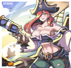 Rule 34 | 1girl, absurdres, artist name, bare shoulders, breasts, cleavage, cowboy shot, earrings, fizz (league of legends), green eyes, green pants, gun, hair over one eye, hat, highres, holding, holding gun, holding weapon, hoop earrings, jewelry, large breasts, league of legends, long sleeves, midriff, miss fortune (league of legends), navel, pants, parted lips, pirate, pirate hat, red hair, sagas293, smile, solo, weapon