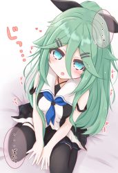 Rule 34 | ..., 1girl, :o, bare arms, bare shoulders, bed sheet, between legs, black ribbon, black skirt, black thighhighs, blue eyes, blue neckerchief, blush, breasts, commentary request, dutch angle, fang, from above, green hair, hair between eyes, hair ribbon, hand between legs, highres, kantai collection, long hair, looking at viewer, looking up, medium breasts, neckerchief, parted lips, pleated skirt, ponytail, ribbon, ridy (ri sui), sitting, skirt, solo, spoken ellipsis, thighhighs, translation request, v arms, very long hair, wariza, yamakaze (kancolle)