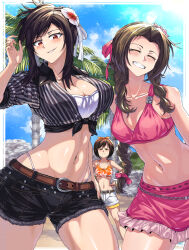 Rule 34 | 3girls, aerith gainsborough, aerith gainsborough (floral delight), aerith gainsborough (pink mermaid), bare shoulders, belt, belt buckle, bikini, black hair, blue sky, breasts, brown hair, buckle, cleavage, closed mouth, cloud, collarbone, collared shirt, commentary, crop top, day, final fantasy, final fantasy vii, final fantasy vii rebirth, final fantasy vii remake, flower, frilled sleeves, frills, frown, green eyes, grey shorts, hair flower, hair ornament, highres, large breasts, looking at viewer, medium breasts, midriff, multiple girls, navel, official alternate costume, open mouth, orange tank top, outdoors, parted bangs, parted lips, pink skirt, pink top, ponytail, shimure (460), shirt, short shorts, short sleeves, shorts, sidelocks, skirt, sky, smile, standing, striped clothes, striped shirt, swept bangs, swimsuit, swimsuit under clothes, tank top, tifa lockhart, tifa lockhart (majestic glamour), v, wavy hair, white background, white bikini, white shorts, yuffie kisaragi, yuffie kisaragi (summer orange)