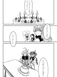 Rule 34 | 4girls, ahoge, birthday cake, blush, cake, candle, chuatury panlunch, closed eyes, crossed arms, food, gundam, gundam suisei no majo, long hair, long sleeves, looking down, miorine rembran, monochrome, multiple girls, nika nanaura, open mouth, plate, same1nohito, simple background, smile, suletta mercury, table, translation request, white background