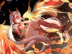 Rule 34 | 1girl, animal hands, bare shoulders, black shorts, black sports bra, chinese clothes, claws, closed eyes, closed mouth, detached sleeves, elbow gloves, eyeliner, feathers, fire, fu hua, fu hua (garuda), gloves, hair between eyes, highres, honkai (series), honkai impact 3rd, long hair, low-tied long hair, low twintails, makeup, mangzhi yaoyao, multicolored hair, multiple tails, red eyeliner, red gloves, red hair, red rope, red scales, rope, scales, shorts, solo, sports bra, sportswear, streaked hair, tail, twintails, two-tone hair, very long hair, white hair, wings
