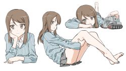 Rule 34 | 10s, 1girl, barefoot, blush, brown eyes, brown hair, bt-42, character sheet, feet, female focus, from side, girls und panzer, hand on own cheek, hand on own face, highres, ininfront, long hair, looking at viewer, mika (girls und panzer), military, military vehicle, motor vehicle, multiple views, panties, pinstripe pattern, simple background, smile, striped, tank, toe scrunch, toes, underwear, vehicle, white background