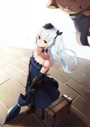 Rule 34 | 1girl, absurdres, bare shoulders, blue hair, brown footwear, choker, cygames, detached sleeves, dress, expressionless, from above, granblue fantasy, hat, highres, holding, holding umbrella, light blue hair, looking at viewer, mini hat, orchis, red eyes, shadowverse, sleeveless, sleeveless dress, strapless, strapless dress, suitcase, tile floor, tiles, twintails, umbrella, white background, yuuge ningen