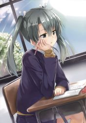 Rule 34 | 10s, 1girl, absurdres, alternate costume, blazer, blush, book, brown eyes, chair, commentary, contemporary, desk, dutch angle, green hair, hair ribbon, hand on own cheek, hand on own face, head rest, highres, hino (2nd life), indoors, jacket, kantai collection, long hair, long sleeves, open mouth, parted lips, pencil, pencil case, pleated skirt, ribbon, school uniform, sitting, skirt, solo, studying, twintails, white ribbon, zuikaku (kancolle)