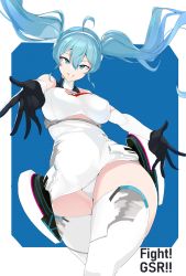 Rule 34 | 1girl, absurdres, ahoge, bare shoulders, black gloves, blue eyes, blue hair, border, breasts, cleavage, clenched teeth, commentary, covered erect nipples, cowboy shot, detached sleeves, english text, gloves, hair between eyes, hatsune miku, headband, highres, large breasts, long hair, looking at viewer, maruyaa (malya1006), open mouth, original, outstretched hand, panties, pantyshot, racing miku, solo, teeth, thick thighs, thighhighs, thighs, twintails, underwear, white border, white headband, white panties
