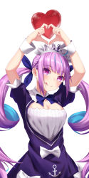 Rule 34 | 1girl, absurdres, ahoge, amaroku neko, anchor symbol, blue hair, blush, bow, braid, breasts, cleavage, colored inner hair, commentary request, dress, hair ornament, hair ribbon, heart, highres, hololive, long hair, looking at viewer, maid, maid headdress, medium breasts, minato aqua, minato aqua (1st costume), multicolored hair, purple eyes, purple hair, ribbon, simple background, smile, solo, tongue, tongue out, twintails, two-tone hair, very long hair, virtual youtuber, white background, white bow, wrist cuffs