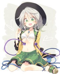 Rule 34 | 1girl, anklet, arm behind back, bad id, bad twitter id, bikini, bikini top only, commentary request, front-tie bikini top, front-tie top, green eyes, green nails, grey hair, hat, heart, jewelry, komeiji koishi, long hair, looking at viewer, nail polish, navel, necklace, open clothes, open mouth, open shirt, sandals, satou kibi, shirt, sitting, skirt, smile, solo, swimsuit, third eye, touhou, wariza, yellow shirt