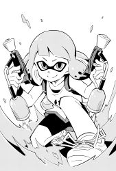 Rule 34 | 1girl, anbe masahiro, bike shorts, blunt bangs, closed mouth, commentary, dual wielding, full body, greyscale, halftone, highres, holding, ink tank (splatoon), inkling, inkling girl, inkling player character, looking at viewer, monochrome, nintendo, on one knee, paint splatter, shoes, short hair, smile, sneakers, solo, splat dualies (splatoon), splatoon (series), splatoon 2, tank top, tentacle hair