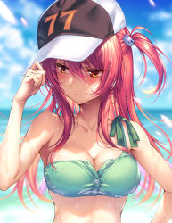 Rule 34 | 1girl, bare shoulders, beach, bikini, blue sky, blurry, blurry background, blush, breasts, cleavage, cloud, commentary request, day, green bikini, hair between eyes, hand up, hanikami kanojo, hat, hinoura nanaka, large breasts, long hair, looking to the side, medium breasts, ocean, one side up, original, peaked cap, piromizu, red hair, side ponytail, sidelocks, sky, stomach, swimsuit, water, wet
