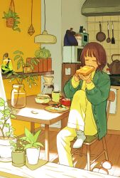 Rule 34 | 1girl, bread, bread slice, breakfast, brown hair, chair, closed eyes, eating, food, green jacket, highres, indoors, jacket, kettle, kitchen, lamp, matsumine (twin-mix), microwave, no shoes, open clothes, open jacket, original, pants, plant, potted plant, short hair, sitting, socks, solo, table, toast, white pants, white socks