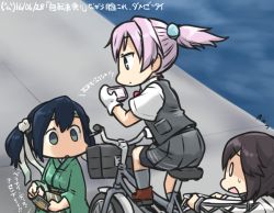 Rule 34 | 3girls, bicycle, bicycle basket, blank eyes, blue eyes, blue hair, brown hair, cellphone, commentary request, dated, empty eyes, gloves, green eyes, hair bobbles, hair ornament, hair ribbon, hamu koutarou, hayasui (kancolle), headband, jacket, japanese clothes, kantai collection, kimono, multiple girls, neck ribbon, phone, pleated skirt, ponytail, purple hair, red ribbon, ribbon, riding, shiranui (kancolle), shirt, short hair, short ponytail, skirt, smartphone, solid oval eyes, souryuu (kancolle), track jacket, twintails, vest, white gloves, white shirt