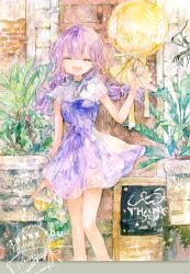 Rule 34 | 1girl, :d, absurdres, balloon, closed eyes, dress, facing viewer, hair between eyes, highres, kazuka, long hair, low twintails, open mouth, original, painting (medium), plant, potted plant, purple dress, purple hair, purple nails, short dress, short sleeves, smile, solo, traditional media, twintails, watercolor (medium)