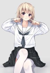 Rule 34 | 1girl, black skirt, closed mouth, commentary request, enuni, feet out of frame, fingers to cheeks, grey background, grey neckerchief, highres, light brown hair, long hair, looking at viewer, neckerchief, original, pleated skirt, purple eyes, sailor collar, school uniform, serafuku, shadow, shirt, simple background, sitting, skirt, smile, solo, thighhighs, white sailor collar, white shirt, white thighhighs