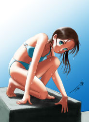 Rule 34 | 1girl, barefoot, bikini, blue background, brown hair, chutohampa, commentary request, forehead, gradient background, graphite (medium), green eyes, highres, long hair, looking at viewer, mechanical pencil, o-ring, o-ring bikini, original, pencil, signature, solo, squatting, swimsuit, traditional media, white background