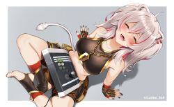 Rule 34 | 1girl, :d, ahoge, animal ear fluff, animal ears, arcade stick, black nails, breasts, casino (casinoep), closed eyes, colored inner hair, controller, crop top, fangs, fingerless gloves, from above, game controller, gloves, grey hair, hair between eyes, hololive, jewelry, joystick, large breasts, lion ears, lion tail, multicolored hair, nail polish, necklace, no shoes, open mouth, red hair, shishiro botan, smile, solo, stirrup legwear, tail, toeless legwear, toenail polish, toenails, virtual youtuber