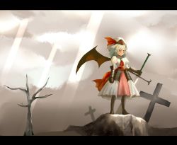 Rule 34 | 1girl, bad id, bad pixiv id, bat wings, blue hair, female focus, full body, hat, highres, letterboxed, nature, outdoors, overcast, red eyes, remilia scarlet, short hair, sky, solo, sword, touhou, vividdo, weapon, white hat, wings