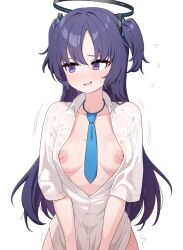Rule 34 | 1girl, black halo, blue archive, blue necktie, blush, breasts, collarbone, halo, long hair, looking to the side, medium breasts, necktie, nipples, purple eyes, purple hair, shirt, shisum, simple background, solo, sweat, two side up, wet, wet clothes, wet shirt, white background, white shirt, yuuka (blue archive)