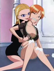 Rule 34 | 2girls, bad hands, bad proportions, blue-tinted eyewear, blue-tinted glasses, grabbing another&#039;s breast, grabbing, highres, kalifa (one piece), licking, licking another&#039;s face, multiple girls, nami (one piece), one piece, poorly drawn, sitting, sunglasses, tinted eyewear, tongue, tongue out, yuri