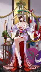 Rule 34 | 1girl, absurdres, alternate costume, amagi (azur lane), animal ear fluff, animal ears, azur lane, bare shoulders, breasts, bride, chinese commentary, cleavage, floral print, flower, folding fan, frozen-sad, full body, hand fan, highres, holding, holding fan, japanese clothes, kimono, large breasts, long hair, long sleeves, looking at viewer, oil-paper umbrella, paper fan, pink flower, pink umbrella, purple eyes, purple umbrella, red umbrella, sandals, see-through, shiromuku, sitting, socks, solo, tabi, uchikake, umbrella, very long hair, wataboushi, white kimono, white socks, wide sleeves, zouri