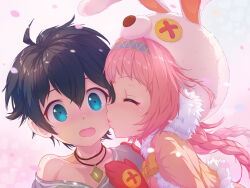 Rule 34 | 1boy, 1girl, aged down, animal hat, bad id, bad pixiv id, black hair, blue eyes, blue hairband, blurry, blurry foreground, blush, braid, button eyes, buttons, closed eyes, collarbone, falling petals, gloves, gradient background, hairband, hand on another&#039;s chest, hand on another&#039;s shoulder, hat, headband, heart, hetero, jewelry, kiss, kissing cheek, long hair, mimi (princess connect!), necklace, nose blush, off shoulder, open mouth, petals, pink background, pink hair, portrait, princess connect!, rabbit hat, red gloves, simple background, surprised, twin braids, white background, wide-eyed, yako noir (kei-ne), yuuki (princess connect!)