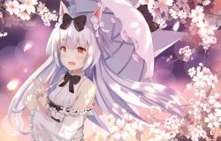 Rule 34 | 1girl, :d, animal ears, azur lane, bow, cat ears, cherry, commentary request, detached sleeves, fang, food, fruit, hair between eyes, hair bow, hair ribbon, holding, long hair, looking at viewer, mobu (wddtfy61), open mouth, orange eyes, parasol, petals, ribbon, smile, solo, umbrella, v, white hair, wind, yukikaze (azur lane), yukikaze (sovereign of the swing) (azur lane)