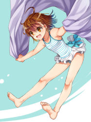 Rule 34 | 1girl, :d, ahoge, barefoot, blue background, brown eyes, brown hair, casual one-piece swimsuit, feet, last order (toaru majutsu no index), one-piece swimsuit, open mouth, outstretched arms, short hair, smile, soles, spread arms, swimsuit, tenkuu sphere, toaru majutsu no index, toes, towel