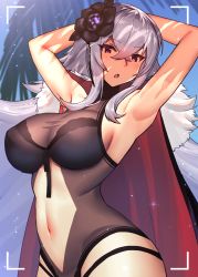 Rule 34 | 1girl, :o, arched back, armpits, arms behind head, azur lane, bad id, bad pixiv id, bare arms, black one-piece swimsuit, blurry, blurry background, breasts, cape, cleavage, clothing cutout, commentary request, cowboy shot, dakunesu, flower, graf zeppelin (azur lane), graf zeppelin (beachside urd) (azur lane), hair between eyes, hair flower, hair ornament, highleg, highleg swimsuit, highres, large breasts, long hair, looking at viewer, navel, navel cutout, one-piece swimsuit, palm tree, silver hair, solo, sunlight, swimsuit, thighs, tree, viewfinder