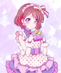 Rule 34 | 1girl, apron, bow, box, brown hair, closed mouth, frown, gift, gift box, gloves, hair bow, hanadera nodoka, healin&#039; good precure, highres, holding, holding bow (ornament), kyoutsuugengo, layered skirt, looking at viewer, maid day, miniskirt, polka dot, polka dot apron, precure, red eyes, short hair, skirt, solo, standing, striped, striped bow, sweatdrop, swept bangs, white apron, white gloves