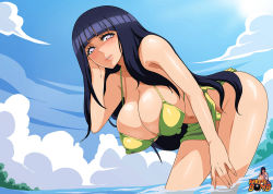 Rule 34 | 1girl, bent over, breasts, cleavage, cloud, cyberunique, highres, huge breasts, hyuuga hinata, naruto, naruto (series), outdoors, purple hair, sky, solo, swimsuit, water, watermark