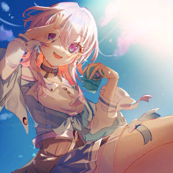 Rule 34 | 1girl, :d, absurdres, blue jacket, blue skirt, blue sky, camera, clothes around waist, cloud, cloudy sky, highres, holding, holding camera, honkai: star rail, honkai (series), jacket, jacket around waist, looking at viewer, march 7th (honkai: star rail), medium hair, ok sign, ok sign over eye, open mouth, outdoors, pink eyes, pink hair, rishixiyan, shirt, skirt, sky, smile, solo, sun, thigh strap, thighs, tied jacket, white shirt