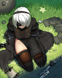 Rule 34 | 1girl, arm support, bad id, bad pixiv id, black blindfold, black dress, black footwear, black gloves, black hairband, black thighhighs, blindfold, boots, breasts, cleavage cutout, closed mouth, clothing cutout, covered eyes, dress, feather-trimmed sleeves, flower, from above, full body, gloves, grass, hairband, high heel boots, high heels, highres, juliet sleeves, long sleeves, medium breasts, metal, nier:automata, nier (series), parted bangs, pod (nier:automata), puffy sleeves, purple apple (dydgns1220), rock, screw, short hair, sitting, skindentation, solo, sword, thigh boots, thighhighs, thighhighs under boots, thighs, wariza, weapon, white hair, 2b (nier:automata)