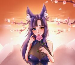 Rule 34 | 1girl, absurdres, animal ear fluff, animal ears, artist name, awful queen (vtuber), breasts, flower, fox ears, fox girl, getsuluch, heterochromia, highres, holding, holding flower, indie virtual youtuber, large breasts, long hair, looking at viewer, monster girl, purple hair, solo, virtual youtuber