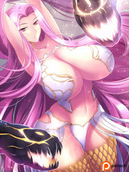 Rule 34 | 1girl, breasts, collarbone, curvy, fate/grand order, fate (series), haganef, huge breasts, loincloth, long hair, looking at viewer, medusa (fate), medusa (rider) (fate), monster, monster girl, navel, pink eyes, pink hair, purple hair, red eyes, standing, thick thighs, thighs, very long hair, wide hips