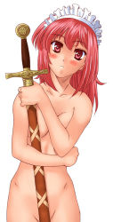 Rule 34 | 1girl, blush, censored, convenient censoring, kamia (not found), kasuga aya, maid headdress, nude, original, red hair, solo, sword, weapon