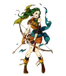 Rule 34 | 1girl, armor, arrow (projectile), black legwear, boots, bow (weapon), fingerless gloves, fire emblem, fire emblem: the blazing blade, fire emblem heroes, full body, gloves, green eyes, green hair, highres, holding, holding weapon, hoshino lily, injury, long hair, miniskirt, nintendo, official art, one eye closed, quiver, rebecca (fire emblem), ryona, shoulder armor, skirt, sleeveless, solo, torn clothes, transparent background, weapon