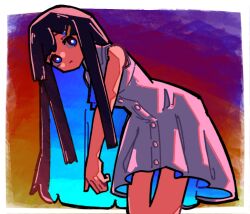 Rule 34 | 1girl, :t, backlighting, black hair, blue dress, blue eyes, blue hair, blue ribbon, border, bright pupils, cevio, closed mouth, cokuuma, collared dress, colored inner hair, commentary request, dress, feet out of frame, futaba minato, gradient background, gradient dress, gradient hair, leaning forward, long hair, looking at viewer, multicolored clothes, multicolored dress, multicolored hair, neck ribbon, outside border, outstretched arm, ribbon, sidelocks, sleeveless, sleeveless dress, solo, standing, white border, white dress, white pupils