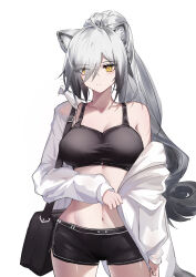 Rule 34 | 1girl, animal ears, arknights, bag, bare shoulders, black shorts, black sports bra, breasts, cat ears, cat girl, cowboy shot, grey hair, hair between eyes, highres, jacket, large breasts, long hair, navel, off shoulder, open clothes, open jacket, ponytail, schwarz (arknights), shorts, shoulder bag, simple background, solo, sports bra, stomach, thighs, very long hair, white background, white jacket, yellow eyes, yunlingluo