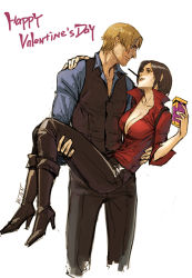 Rule 34 | 1boy, 1girl, ada wong, black hair, blonde hair, breasts, capcom, cleavage, couple, english text, food, large breasts, leon s. kennedy, narrator (nobody), pocky, resident evil, resident evil 6, short hair, simple background, smile, valentine, white background
