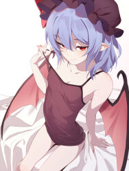 Rule 34 | 1girl, asutora, bare shoulders, bat wings, black hat, blue hair, blush, camisole, camisole pull, clothes pull, fingernails, flat chest, from above, hair between eyes, hat, highres, looking at viewer, mob cap, nightgown, pointy ears, red eyes, remilia scarlet, seductive smile, sharp fingernails, short hair, simple background, smile, solo, touhou, white background, wings