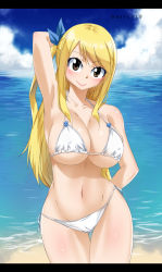 Rule 34 | 1girl, beach, bikini, blonde hair, blush, breasts, curvy, fairy tail, female focus, gaston18, highres, large breasts, looking at viewer, lucy heartfilia, shiny skin, smile, swimsuit, water