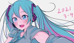 Rule 34 | 1girl, aqua eyes, aqua hair, blue eyes, blue hair, blush, dated, detached sleeves, hatsune miku, headphones, highres, long hair, looking at viewer, miku day, mitsuki tayura, necktie, open mouth, shirt, simple background, skirt, smile, solo, thighhighs, twintails, very long hair, vocaloid
