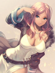 Rule 34 | 1girl, arm up, bad id, bad pixiv id, belt, belt buckle, black belt, black coat, breasts, buckle, cleavage, coat, collarbone, covered navel, dark-skinned female, dark skin, dress, en&#039;en no shouboutai, fingernails, fur collar, hibana (enen no shouboutai), ito mijinko, jewelry, large breasts, long fingernails, long hair, long sleeves, looking at viewer, nail polish, necklace, open clothes, open coat, parted lips, pearl necklace, petals, pink eyes, pink hair, pink nails, sharp fingernails, side slit, solo, vial, white dress