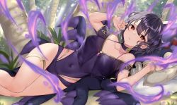 Rule 34 | 1girl, ahoge, alternate costume, anklet, black hair, black one-piece swimsuit, bracelet, breasts, character doll, collarbone, commentary, commission, corruption, covered navel, dark persona, english commentary, evil, fire emblem, fire emblem awakening, fire emblem heroes, grima (fire emblem), hair between eyes, haru (nakajou-28), highres, jewelry, looking at viewer, lying, magic, medium breasts, morgan (female) (fire emblem), morgan (fire emblem), nintendo, one-piece swimsuit, outdoors, plant, purple one-piece swimsuit, red eyes, see-through, short hair, solo, swimsuit, thighs, tree